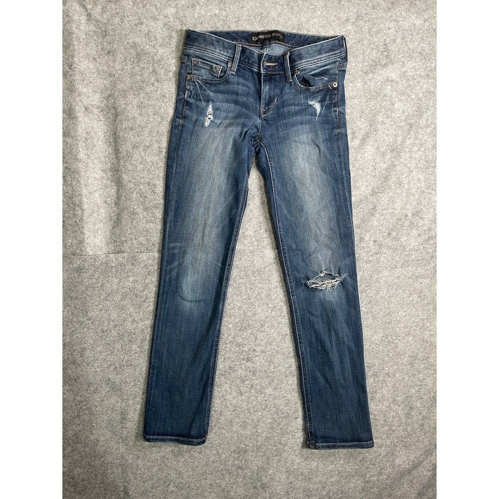 Express Stella Low Rise Cropped Skinny Jeans Blue Distressed Denim Womens 0R - Picture 1 of 14